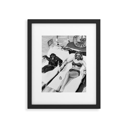 Lady and Chimp Sunbathing, Black and White, Vintage Art Framed Art Print Gallery Image 2